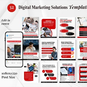 May include: A collection of 12 digital marketing templates with a white background. The templates include topics like Instagram ads, content marketing, and landing pages. The image also includes a phone mockup.