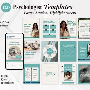 Può includere: Una collezione di 120 modelli per psicologi per post, storie e copertine in evidenza. I modelli presentano una combinazione di colori verde acqua e bianco. Il testo include frasi come "Terapia online", "Checklist salute mentale" e "Dear Overthinker".