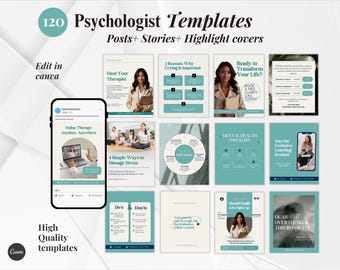 Psychologists, Mental Health, Psychology, Self Help, Therapy & Wellness Instagram social media canva Templates for Coaches and  Counselors