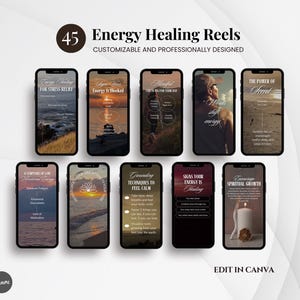 Op de afbeelding: Een verzameling van 10 smartphones met "Energy Healing Reels" met diverse wellness-gerelateerde tekst en afbeeldingen. De bovenste tekst luidt "45 Energy Healing Reels" en "CUSTOMIZABLE AND PROFESSIONALLY DESIGNED". De onderste tekst luidt "EDIT IN CANVA".