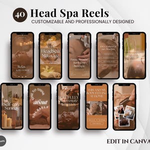 May include: A promotional graphic showcasing 10 smartphone mockups with spa-related content. Text includes "40 Head Spa Reels" and phrases such as "Relax & Recharge" and "Self care Sunday." The design is customizable and professionally designed.