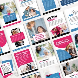 May include: A collection of flyers with a healthcare theme. The flyers feature images of elderly people and caregivers, with text in white and pink boxes. Topics include exercise reminders, memory care, and fall prevention.