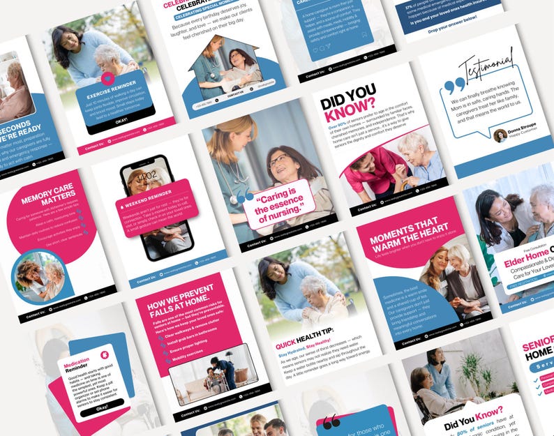 May include: A collection of flyers with a healthcare theme. The flyers feature images of elderly people and caregivers, with text in white and pink boxes. Topics include exercise reminders, memory care, and fall prevention.