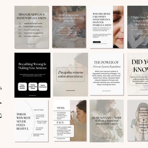 May include: A collection of informational cards with text on nervous system regulation. The cards feature titles like "Tips for Nervous System Regulation" and "Why Discipline Fails." The color scheme is primarily black and white with some images.