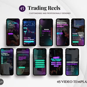 May include: A collection of 10 smartphones displaying trading reels. Each phone shows a different screen with text and graphics related to trading, including "Join 3,600+ Traders" and "Trade Bitcoin 24/7". The image also includes the text "45 Trading Reels".