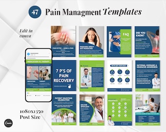 Pain Management Canva Templates, Therapy, Wellness, Chronic Pain, Physical Therapy, Recovery, Health Coach, Medical Instagram Post Templates