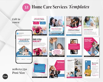 Servicios de atención domiciliaria, personas mayores, atención médica, enfermería, asistente médico, cuidadores de personas mayores, empresas de atención domiciliaria, plantillas para publicaciones de Instagram en redes sociales.