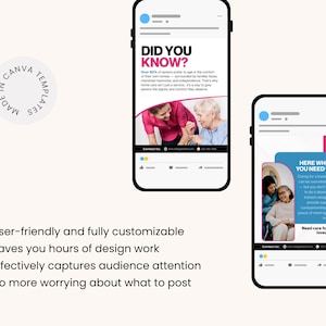 May include: Two smartphone mockups display social media posts. One post reads "DID YOU KNOW?" with text and a photo of two women. The other says "HERE WHEN YOU NEED US" with a photo of three women. The bottom left corner shows a list of features.
