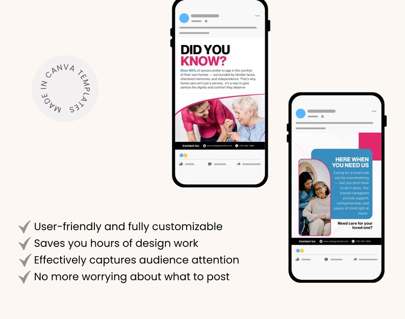 May include: Two smartphone mockups display social media posts. One post reads "DID YOU KNOW?" with text and a photo of two women. The other says "HERE WHEN YOU NEED US" with a photo of three women. The bottom left corner shows a list of features.
