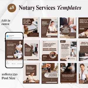 May include: A collection of 48 Notary Services Templates in a brown and white color scheme. The templates include text such as "Why Businesses Should Have a Go-To Notary?" and "What is a Notarial Certificate?" The image also includes a phone mockup.