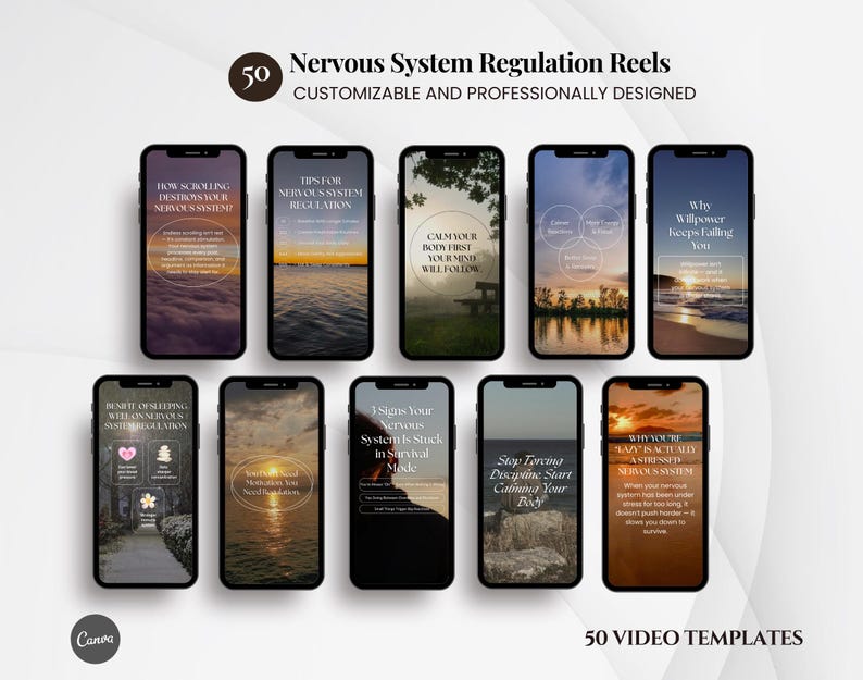 Nervous system regulation Instagram reel templates editable in Canva for mental health and wellness creators