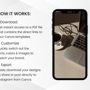 May include: A smartphone displays a laptop, coffee cup, and eyeglasses on a beige surface. The screen shows text: "HOW IT WORKS: 1. Download...2. Customize...3. Export..." The image suggests a digital design process using Canva templates.