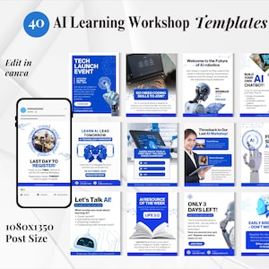 Może przedstawiać: Zestaw 40 szablonów warsztatów uczenia się AI w układzie siatki. Szablony zawierają niebieskie i białe wzory z tekstem, takim jak "AI Resource of the Week" i "Future Skills Alert!". Smartfon wyświetla szablon z tekstem "Last Day to Register!"