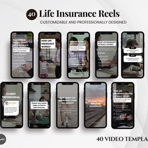 Puede incluir: Diez teléfonos inteligentes que muestran información sobre seguros de vida, cada uno con un tema diferente, como "¿Cómo funciona el seguro de vida?" y "¿Cuánto cuesta el seguro de vida al mes?". El texto "40 Life Insurance Reels" está en la parte superior.