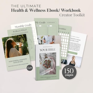May include: A collection of health and wellness ebooks and workbooks. The covers are light green and white, with images of people and food. The text includes "The Ultimate Health & Wellness Ebook/ Workbook Creator Toolkit", "Monthly Goals", and "150 pages".