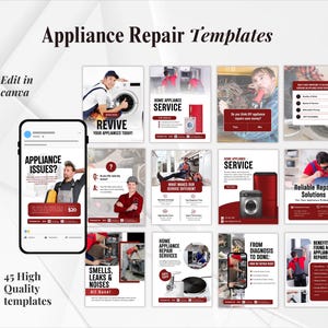 Op de afbeelding: Een promotieafbeelding voor sjablonen voor het repareren van apparaten. De afbeelding toont een smartphone met een sjabloon met de tekst "Apparaatproblemen?" en andere sjablonen met tekst als "Reviveer uw apparaten vandaag!" en "Home Appliance Service."