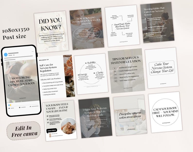 Somatic healing Instagram post templates designed for emotional regulation content
