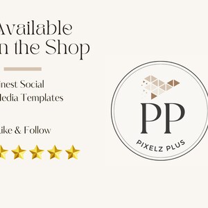 Puede incluir: Gr&aacute;fico color crema con texto que dice "Available In the Shop", "Finest Social Media Templates" y "Like & Follow". Tambi&eacute;n hay un logotipo circular con "PP" y un dise&ntilde;o geom&eacute;trico, junto con cinco estrellas doradas.