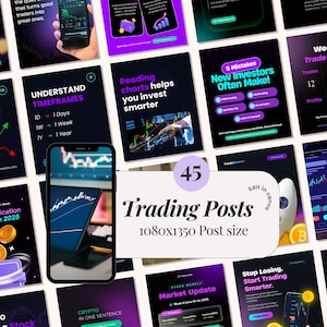 Puede incluir: Un conjunto de 45 publicaciones de trading, tamaño 1080x1350, con consejos financieros y gráficos. La paleta de colores es negra, morada y blanca. La imagen muestra smartphones con datos bursátiles.