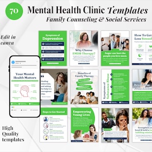 May include: A collection of 70 mental health clinic templates, including topics like depression, family therapy, and substance abuse. The templates are designed for social media and are editable in Canva.