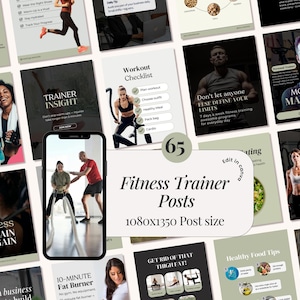 May include: A collection of 65 fitness trainer social media posts. The posts are in a variety of styles, with images of people working out, healthy food tips, and motivational quotes. The post size is 1080x1350.