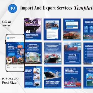 Könnte beinhalten: Eine Werbegrafik mit dem Text "Import And Export Services Templates" und einem Telefon-Mockup. Die Grafik zeigt verschiedene blaue und weiße Vorlagen mit Bildern von Frachtschiffen, Lastwagen und Flugzeugen. Die Postgröße beträgt 1080x1350.
