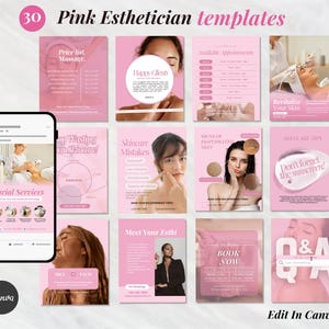 Könnte beinhalten: Eine Sammlung von 30 rosa Kosmetikerinnen-Vorlagen. Die Vorlagen enthalten Bilder mit Text wie "Preisliste. Massage", "Glückliche Kunden", "Gesichtsbehandlungen", "Hautpflegefehler" und "Jetzt buchen". Ein Smartphone zeigt einen Social-Media-Beitrag.