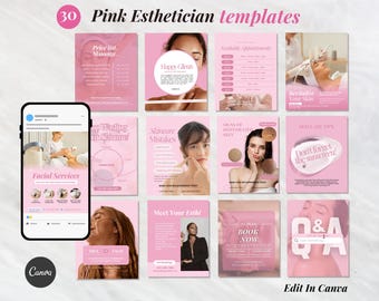May include: A collection of 30 pink esthetician templates. The templates include images with text such as "Price list. Massage", "Happy Clients", "Facial Services", "Skincare Mistakes", and "Book Now". A smartphone displays a social media post.