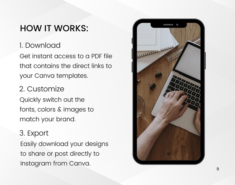 May include: A smartphone screen displays a laptop with a person's hands on the keyboard. The screen shows a wooden desk with a notebook, ruler, and binder clips. Text on the screen reads "HOW IT WORKS: 1. Download, 2. Customize, 3. Export."