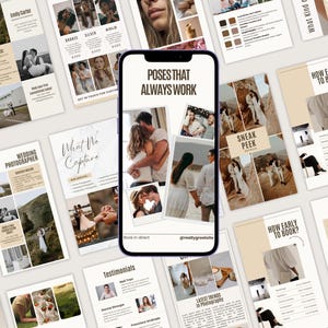 May include: A smartphone displays the text "POSES THAT ALWAYS WORK" with wedding photography images. Surrounding the phone are various marketing materials with text like "WEDDING PHOTOGRAPHER", "What We Capture", and "FAQs". The color scheme is neutral with beige and white tones.