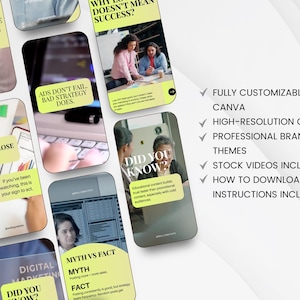 May include: A collection of digital marketing templates on a white background. The templates feature text like "Ads Don't Fail, Bad Strategy Does" and "Did You Know?" with a list of features including Canva customization and stock videos.