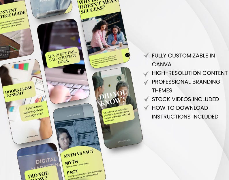 May include: A collection of digital marketing templates on a white background. The templates feature text like "Ads Don't Fail, Bad Strategy Does" and "Did You Know?" with a list of features including Canva customization and stock videos.