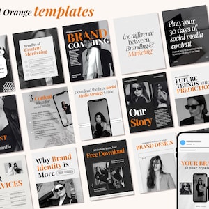 以下が含まれることがあります： オレンジと黒を基調としたソーシャルメディアテンプレートのコレクションです。「Content Marketing」、「Brand Coaching」、「30 days of social media content」などのテキストが含まれています。「Bold Orange templates」というフレーズが上部にあります。