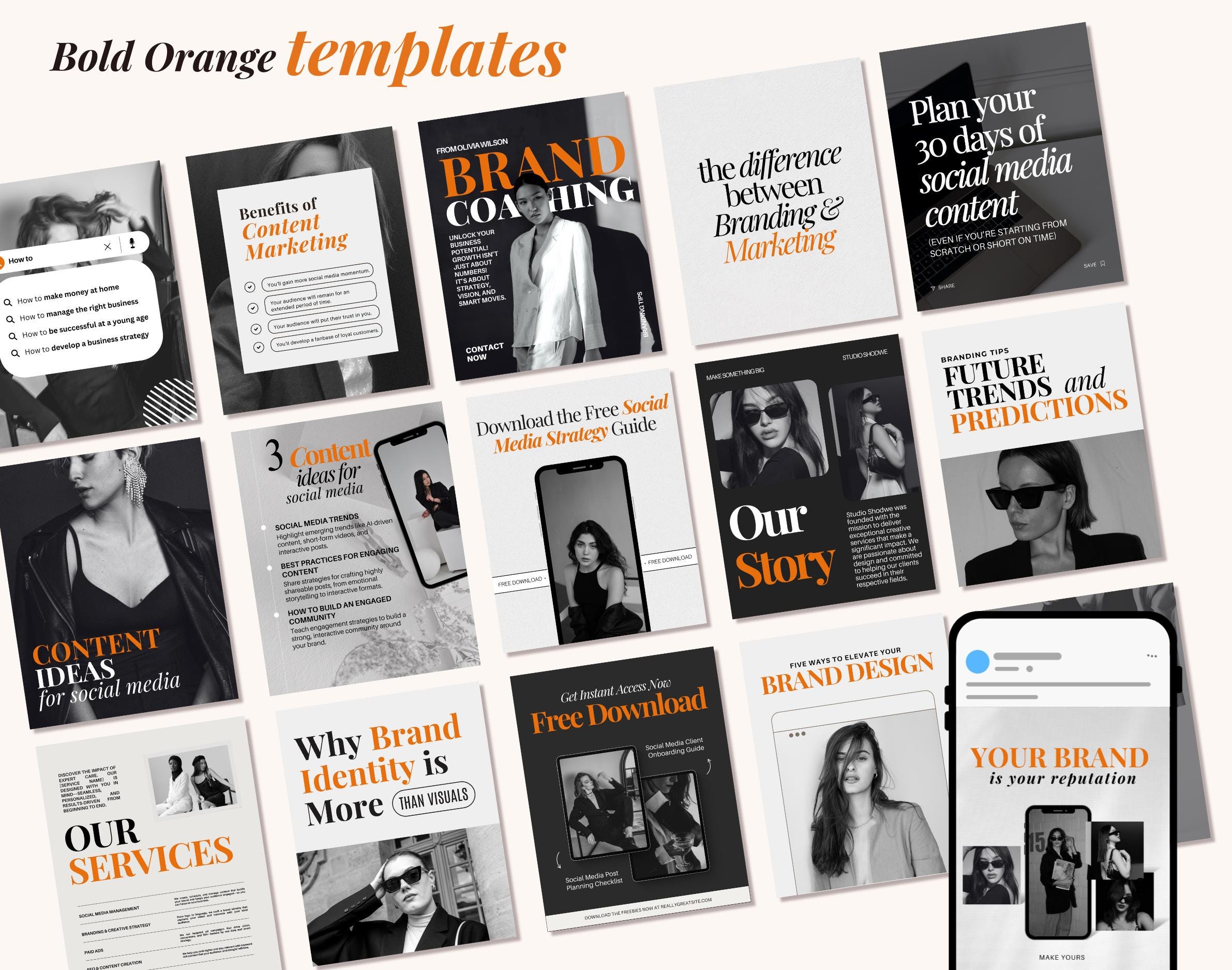 Bold Orange Aesthetic Social Media Templates for Personal Brands, Coaches, Content Creators, social media managers IG cool girl Posts