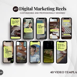 May include: A collection of ten smartphones displaying digital marketing reel templates. Each phone features a different design with text such as "Easy Digital Marketing Tips" and "Social Media Strategy". The image also includes the text "40 Digital Marketing Reels".
