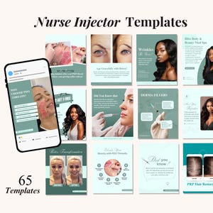 May include: A collection of 65 Nurse Injector Templates, featuring images and text related to aesthetic procedures. The templates include before-and-after photos, information on PDO threads, derma fillers, and PRP hair restoration. The text includes "Why Choose PDO Threads?" and "Did You Know?"