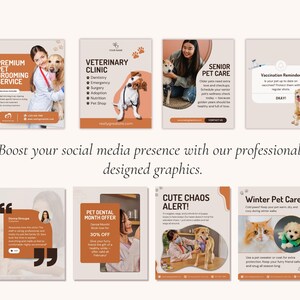 May include: A set of professionally designed social media graphics for pet services. The graphics include advertisements for grooming, veterinary care, senior pet care, vaccination reminders, and dental offers. Each graphic features images of pets.