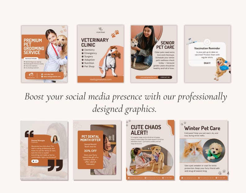 May include: A set of professionally designed social media graphics for pet services. The graphics include advertisements for grooming, veterinary care, senior pet care, vaccination reminders, and dental offers. Each graphic features images of pets.