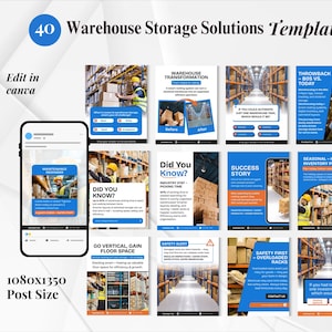Könnte beinhalten: Werbegrafik mit dem Text "40 Warehouse Storage Solutions Templates". Das Bild enthält ein Smartphone-Mockup, das verschiedene Social-Media-Beiträge zum Thema Lagerhaus anzeigt. Die Beiträge behandeln Themen wie Lagerhaustransformation und Bestandsplanung.