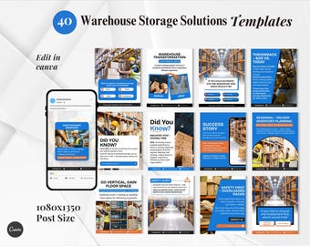 Warehouse Storage Canva Templates, Logistics, Inventory, Distribution, Freight, Cargo, Storage Solutions, Transport Instagram Post Templates