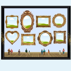 Könnte beinhalten: Ein Kunstdruck in einem schwarzen Rahmen mit neun verzierten goldenen Bilderrahmen in verschiedenen Formen, jeweils mit einer Landschaft. Kleine Figuren von Menschen stehen auf einem Holzfußboden vor den Rahmen.