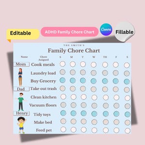 ADHD Kids Chore Chart Printable| ADHD Kids Cleaning List| Kids Weekly Cleaning Checklist Printable| Kids Responsibility Chart Printable