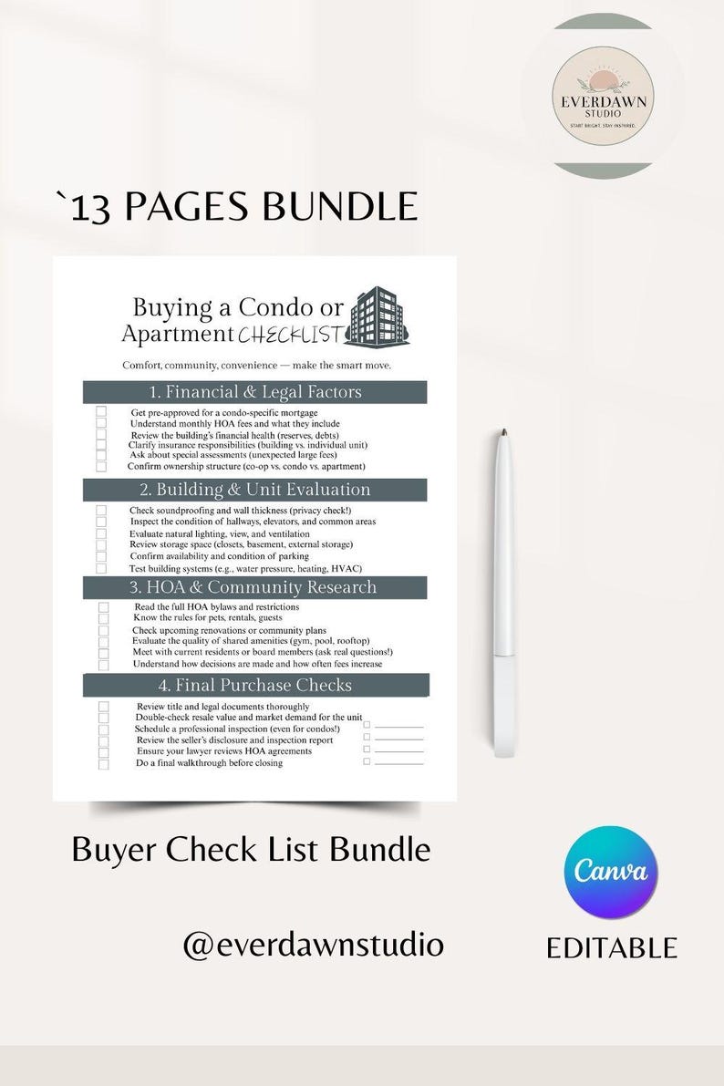 Condominium Check List Home Buyer Checklist Bundle | 13 Printable & Editable Pdfs | First-time ...
