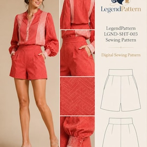 May include: A digital sewing pattern for a red blouse and shorts set labelled LegendPattern LGND-SHT-003. The blouse features long sleeves with striped cuffs and a button-down front. The shorts have a high waist and a geometric pattern.