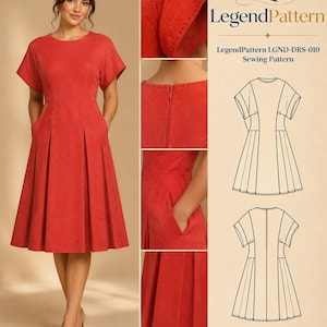 May include: A red dress with short sleeves, a round neckline, and a pleated skirt featuring side pockets. The image includes the text LegendPattern LGND-DRS-010 Sewing Pattern and Digital Sewing Pattern, alongside technical line drawings of the dress.