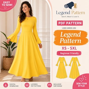May include: A bright yellow long-sleeved dress with a round neckline and flared bell sleeves. The digital product listing includes the text Legend Pattern, PDF PATTERN, LGND-DRESS-042, XS-5XL, and Beginner Friendly, with technical line drawings.