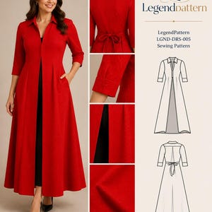 May include: A red long-sleeved duster coat with a collar, front pockets, and a tie-back waist. The image includes the LegendPattern LGND-DRS-005 sewing pattern text, technical line drawings of the front and back views, and fabric texture details.