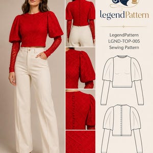 Puff Sleeve Crop Top Sewing Pattern PDF, Sheer Lace Underlayer, Button Back WOMEN, DOWLOAND