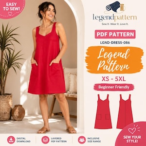 Ärmlös linneklänning i trapetsmönster, sömnadsmönster i PDF-format med påsydda fickor | Modell Lgnd-dress-086 | Storlek Xs-5xl