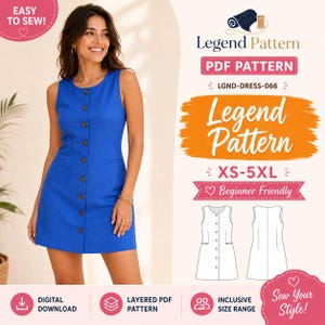 May include: A digital PDF sewing pattern for a sleeveless, royal blue mini dress with a front button placket. The pattern, labeled LGND-DRESS-066, includes sizes XS-5XL and features a technical line drawing showing the front and back views.